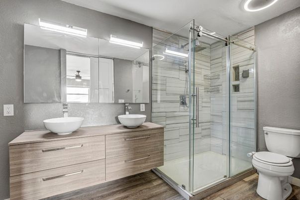 Bathroom, Dual Sink Vanities, Glass Shower, Interior, Wood Texture Flooring