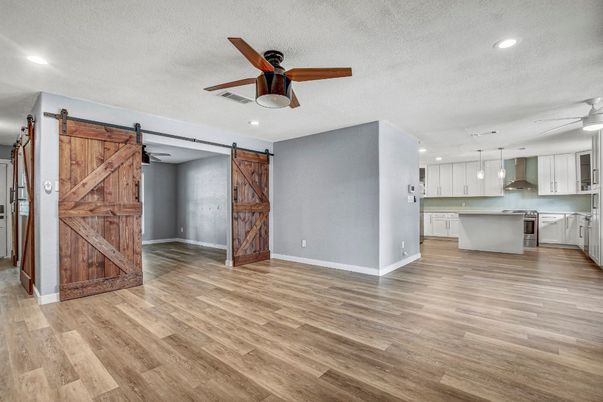 Empty room, Interior, Kitchen, Pendant Lights, Recessed Lighting, Wood Texture Flooring