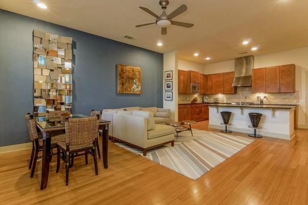 Dining room, Interior, Kitchen, Living room, Recessed Lighting, Wood Texture Flooring