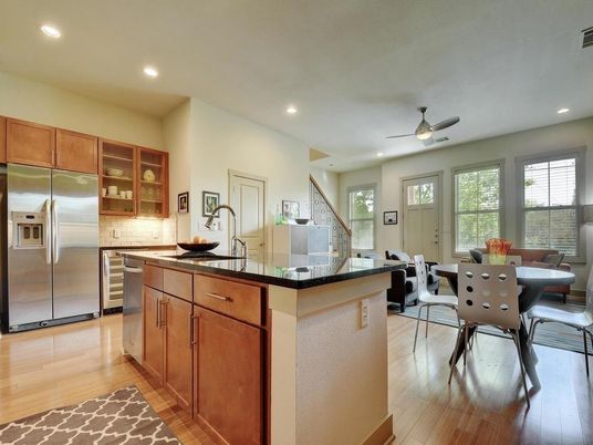 Dining room, Interior, Kitchen, Recessed Lighting, Stainless Steel Appliances, Wood Texture Flooring