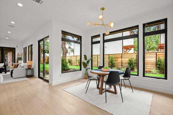 Dining room, Interior, Living room, Pendant Lights, Recessed Lighting, Wood Texture Flooring