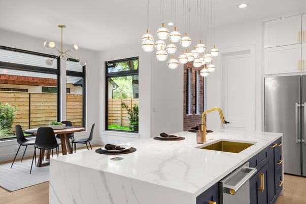 Dining room, Interior, Kitchen, Pendant Lights, Recessed Lighting, Stainless Steel Appliances, Wood Texture Flooring