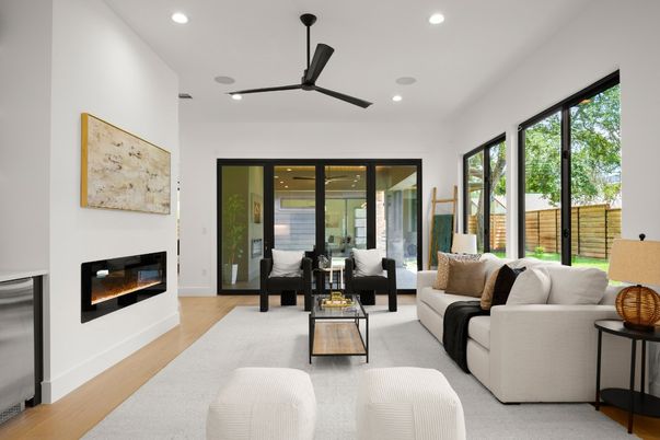 Fireplace, Interior, Living room, Recessed Lighting, Wood Texture Flooring