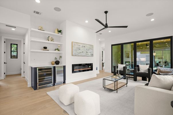 Fireplace, Interior, Living room, Recessed Lighting, Wood Texture Flooring