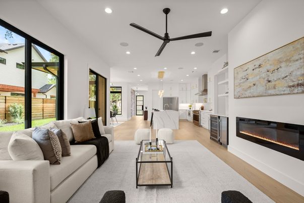 Fireplace, Interior, Kitchen, Living room, Pendant Lights, Recessed Lighting, Wood Texture Flooring