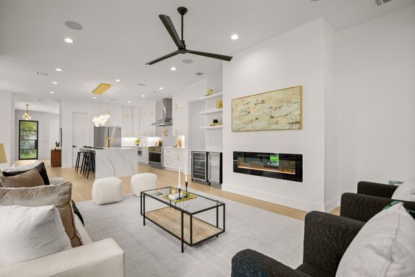 Fireplace, Interior, Kitchen, Living room, Pendant Lights, Recessed Lighting, Stainless Steel Appliances, Wood Texture Flooring