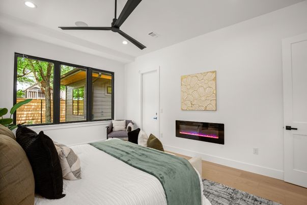 Bedroom, Fireplace, Interior, Recessed Lighting, Wood Texture Flooring