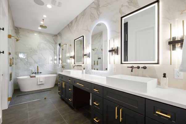 Bathroom, Dual Sink Vanities, Free Standing Baths, Interior, Marble Walls, Recessed Lighting
