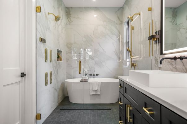 Bathroom, Free Standing Baths, Interior, Marble Walls, Recessed Lighting