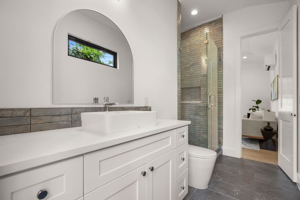 Bathroom, Glass Shower, Interior, Recessed Lighting, Wood Texture Flooring