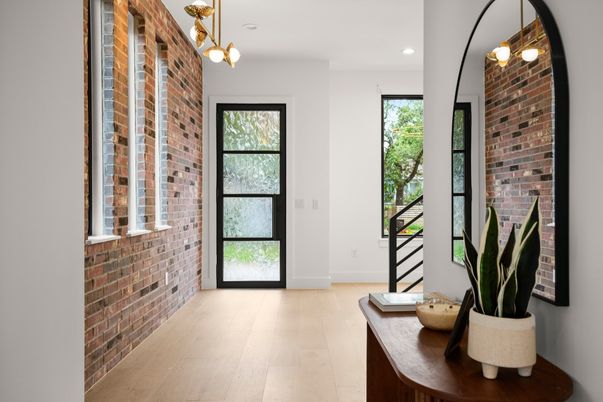 Interior, Pendant Lights, Recessed Lighting, Stone Walls, Wood Texture Flooring