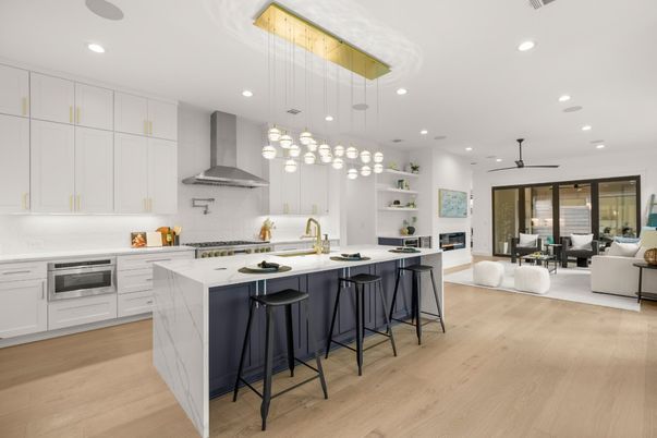 Dining room, Fireplace, Interior, Kitchen, Living room, Pendant Lights, Recessed Lighting, Stainless Steel Appliances, Wood Texture Flooring