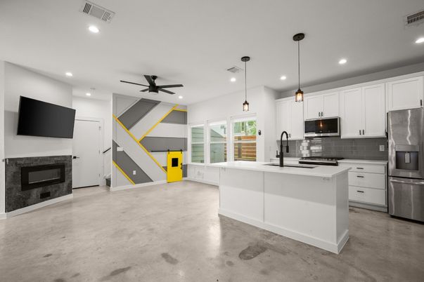 Fireplace, Interior, Kitchen, Pendant Lights, Recessed Lighting, Stainless Steel Appliances