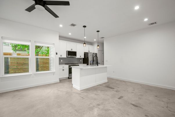 Empty room, Interior, Kitchen, Pendant Lights, Recessed Lighting, Stainless Steel Appliances