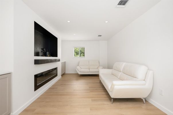 Fireplace, Interior, Recessed Lighting, Wood Texture Flooring