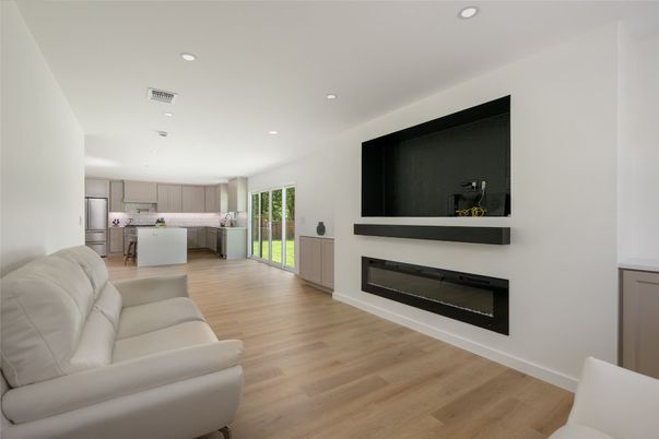 Fireplace, Interior, Kitchen, Recessed Lighting, Wood Texture Flooring