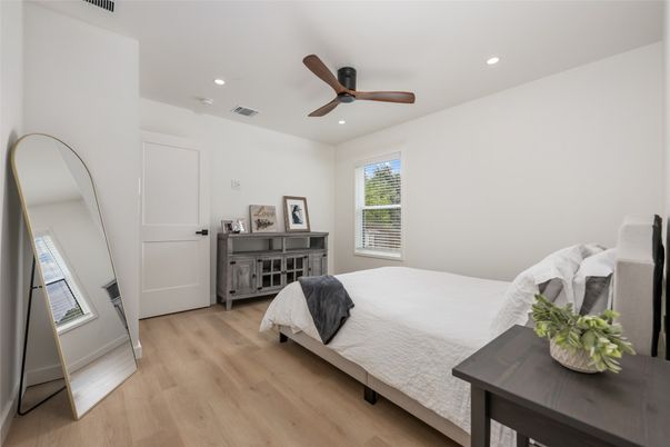 Bedroom, Interior, Recessed Lighting, Wood Texture Flooring