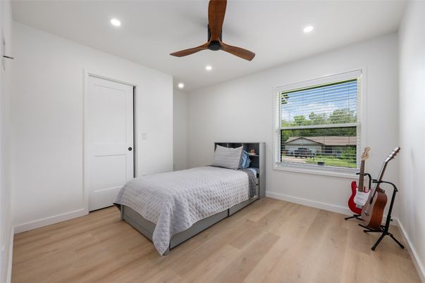 Bedroom, Interior, Recessed Lighting, Wood Texture Flooring