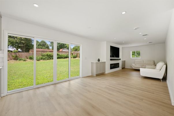 Empty room, Fireplace, Interior, Recessed Lighting, Wood Texture Flooring