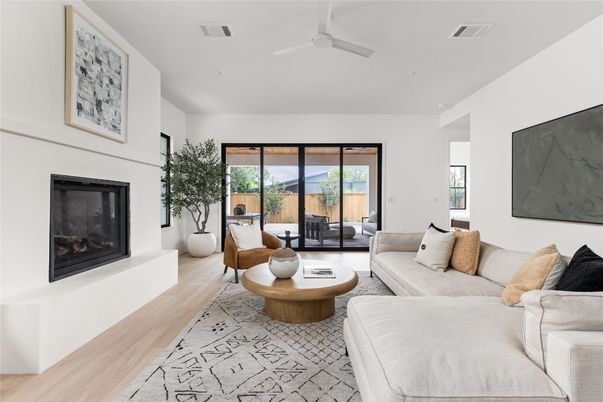 Fireplace, Interior, Living room, Recessed Lighting, Wood Texture Flooring