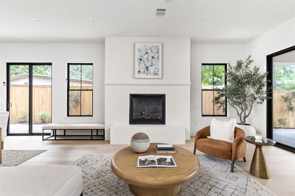 Fireplace, Interior, Living room, Recessed Lighting, Wood Texture Flooring