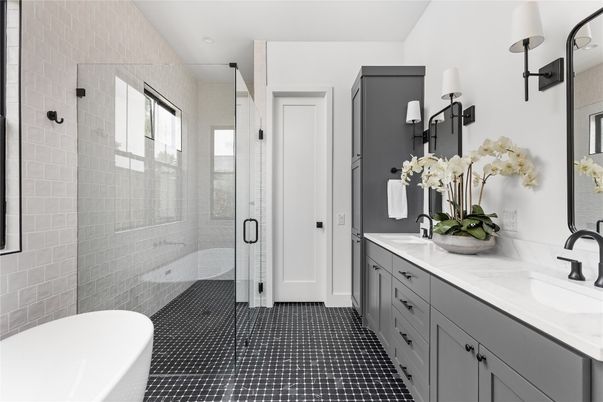Bathroom, Dual Sink Vanities, Glass Shower, Interior, Recessed Lighting