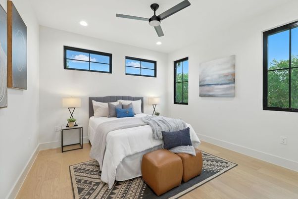 Bedroom, Interior, Recessed Lighting, Wood Texture Flooring