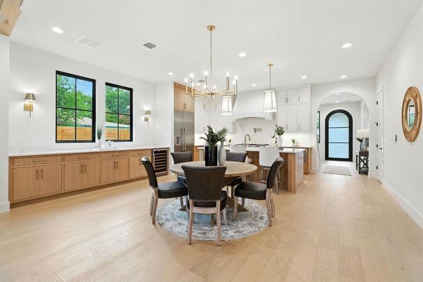 Dining room, Interior, Kitchen, Pendant Lights, Recessed Lighting, Stainless Steel Appliances, Wood Texture Flooring