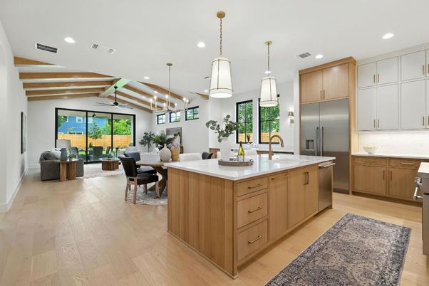 Dining room, Interior, Kitchen, Living room, Pendant Lights, Recessed Lighting, Stainless Steel Appliances, Wooden Beams, Wood Texture Flooring