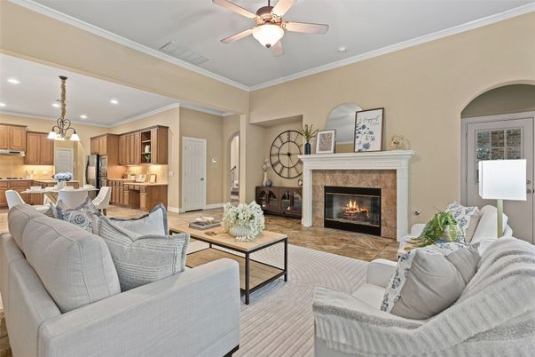 Dining room, Fireplace, Interior, Kitchen, Living room, Pendant Lights, Recessed Lighting