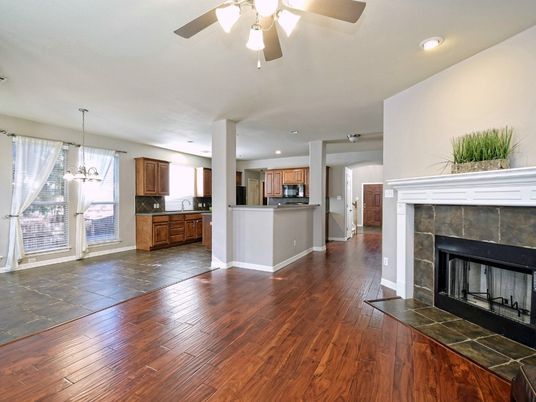 Empty room, Fireplace, Interior, Kitchen, Pendant Lights, Recessed Lighting, Wood Texture Flooring