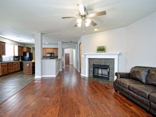 Fireplace, Interior, Kitchen, Recessed Lighting, Wood Texture Flooring