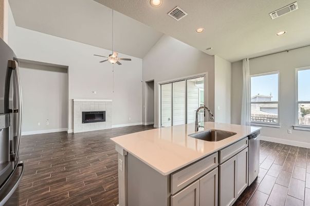 Fireplace, Interior, Kitchen, Recessed Lighting, Wood Texture Flooring