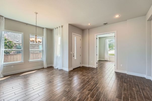 Chandelier, Empty room, Interior, Recessed Lighting, Wood Texture Flooring
