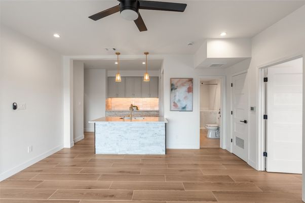 Interior, Kitchen, Pendant Lights, Recessed Lighting, Wood Texture Flooring