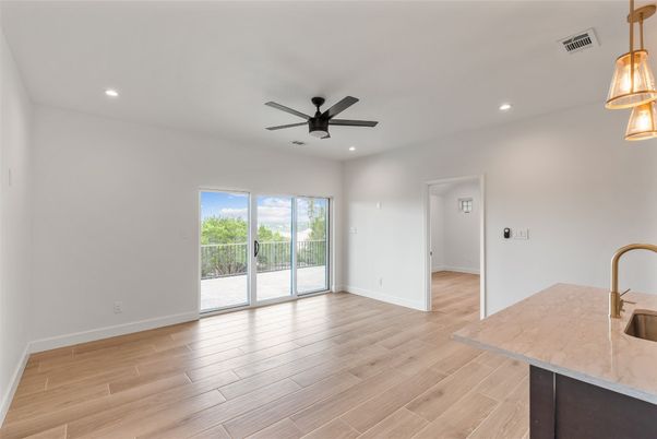 Empty room, Interior, Kitchen, Recessed Lighting, Wood Texture Flooring