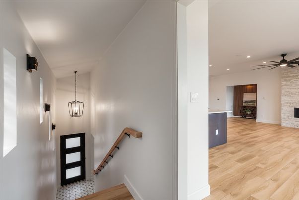 Interior, Pendant Lights, Recessed Lighting, Stone Walls, Wood Texture Flooring