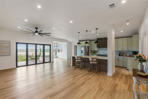Interior, Kitchen, Pendant Lights, Recessed Lighting, Wood Texture Flooring
