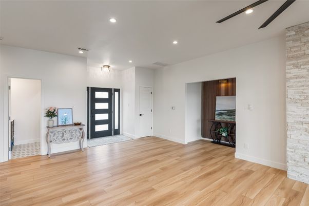 Empty room, Interior, Recessed Lighting, Stone Walls, Wood Texture Flooring