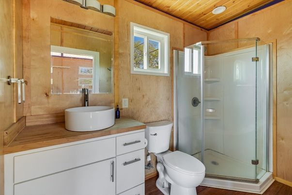 Bathroom, Glass Shower, Interior, Wooden Ceilings, Wood Texture Flooring