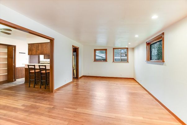 Empty room, Interior, Kitchen, Recessed Lighting, Wood Texture Flooring