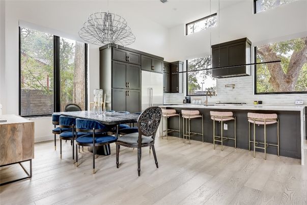 Dining room, Interior, Kitchen, Pendant Lights, Wood Texture Flooring