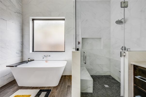 Bathroom, Free Standing Baths, Glass Shower, Interior, Marble Walls, Wood Texture Flooring