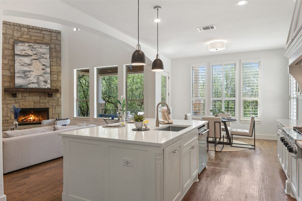 Dining room, Fireplace, Interior, Kitchen, Living room, Pendant Lights, Recessed Lighting, Stone Walls, Wood Texture Flooring