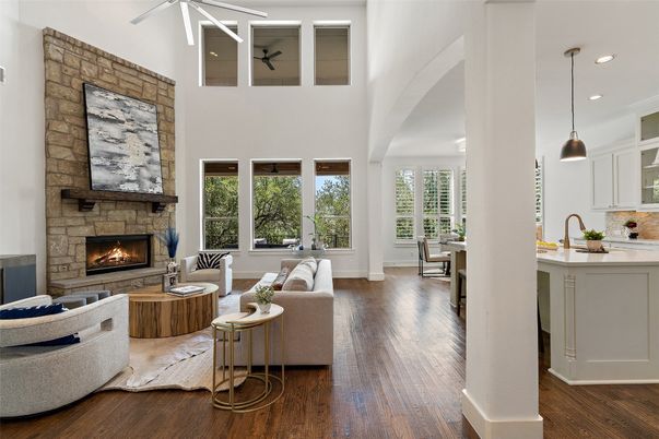 Fireplace, Interior, Kitchen, Living room, Pendant Lights, Recessed Lighting, Stone Walls, Wood Texture Flooring