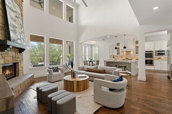 Dining room, Fireplace, Interior, Kitchen, Living room, Pendant Lights, Recessed Lighting, Stone Walls, Wood Texture Flooring