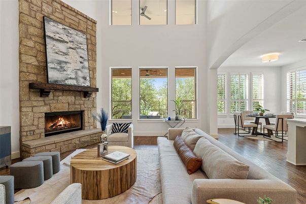 Dining room, Fireplace, Interior, Living room, Stone Walls, Wood Texture Flooring