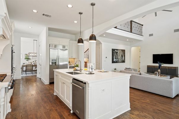 Dining room, Interior, Kitchen, Living room, Pendant Lights, Recessed Lighting, Stainless Steel Appliances, Wood Texture Flooring