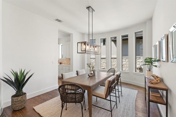 Dining room, Interior, Pendant Lights, Wood Texture Flooring