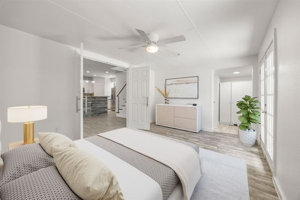 Bedroom, Interior, Recessed Lighting, Wood Texture Flooring